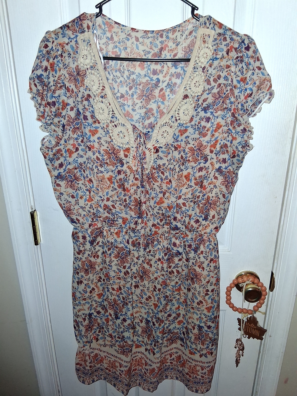 City Triangles Cream Floral Crochet-Trim Midi Dress with Blue & Rust Accents